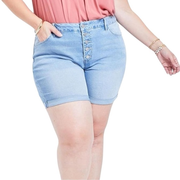Royalty For Me Pants - Royalty For Me Plus Size High Rise Exposed Button Fly Cuffed Denim Shorts - 24W